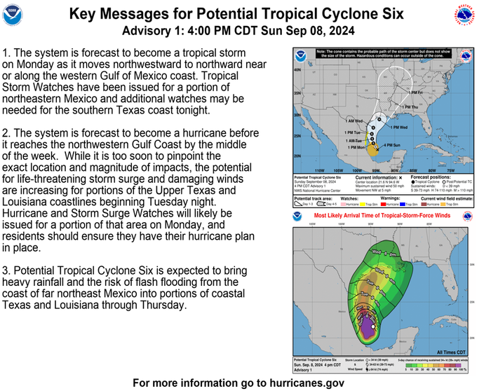 NWSHouston's tweet photo. Potential Tropical Cyclone Six has formed in the southwestern Gulf of Mexico and is forecast to strengthen as it approaches the Upper Texas or Louisiana Coast on Wednesday. SE TX's best rain chances are currently Tuesday and Wednesday. #txwx #houwx #glswx #bcswx https://t.co/13EhT7utk8