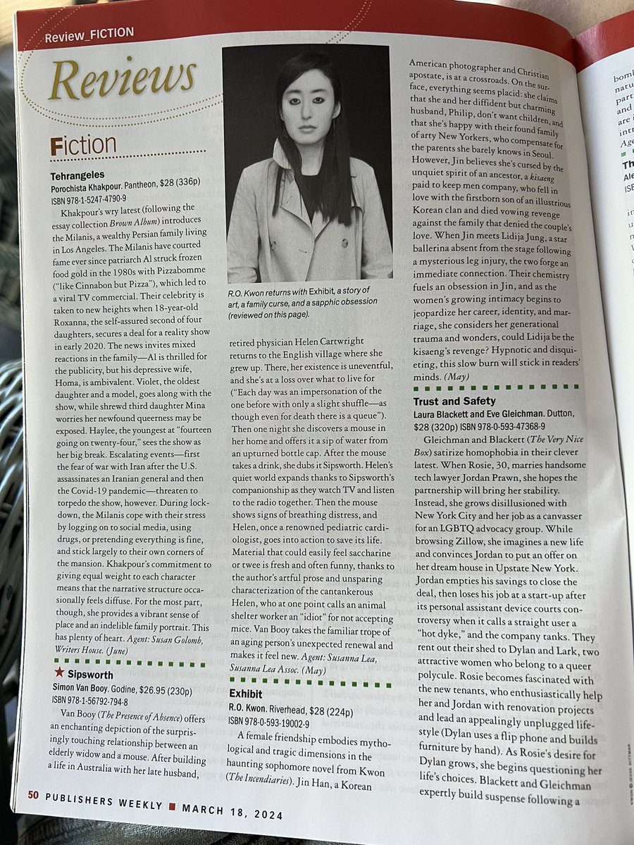 “RO Kwon returns with EXHIBIT, a story of art, a family curse, and a sapphic obsession…” a compelling description, and you got a “haunting” in the review. Lovely <a href="/rokwon/">R. O. Kwon 권오경</a> @PubsWkly #magazinestack