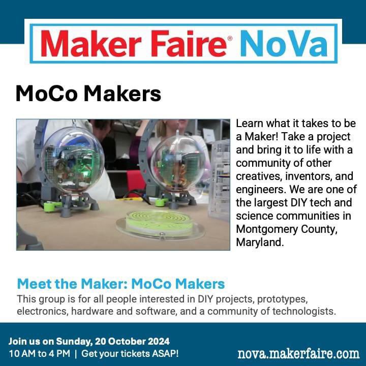 _homemaker's tweet image. Meet the Maker! We're going MoCo loco for the incredible team from Montgomery County, MD joining us at Maker Faire NoVa on Sunday, 20 October from 10 AM to 4 PM at Alexandria City High School! Get your tickets ASAP as these DIYers blend tech &amp;amp; science. nova.makerfaire.com/tickets/