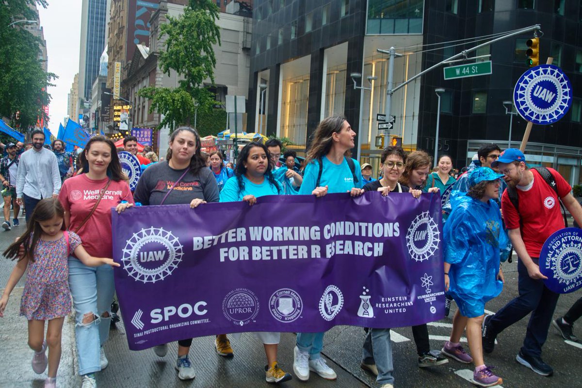CPWUAW's tweet image. Rain or shine, NYC is a union town! Postdocs from all over NYC joined for the Labor Day Parade. We will always fight to improve research conditions and #WhenWeFightWeWin! Photo credit: @peacemakerhuynh
@spocuaw @WCMPostdocUnion @eruuaw @nyuresearchers @rupostdocunion @UAWRegion9A