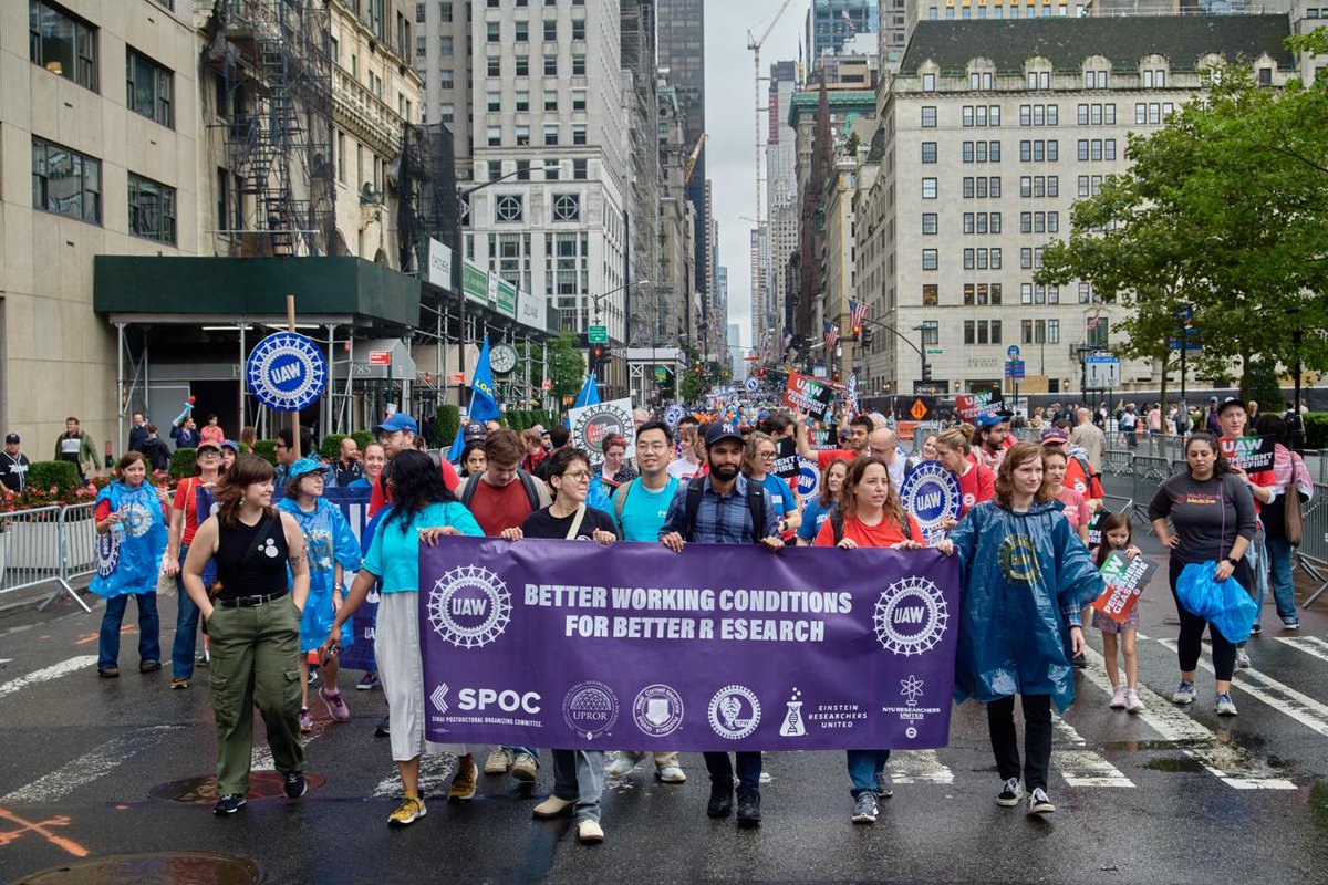 CPWUAW's tweet image. Rain or shine, NYC is a union town! Postdocs from all over NYC joined for the Labor Day Parade. We will always fight to improve research conditions and #WhenWeFightWeWin! Photo credit: @peacemakerhuynh
@spocuaw @WCMPostdocUnion @eruuaw @nyuresearchers @rupostdocunion @UAWRegion9A