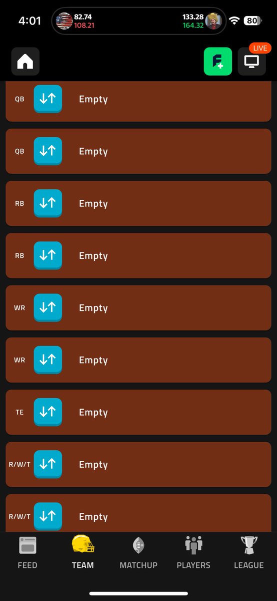 davehend's tweet photo. @NFL @NFLFantasy Cool, is the app working again?

Ah, nope. My team is still completely empty. https://t.co/arbkJfQIOP
