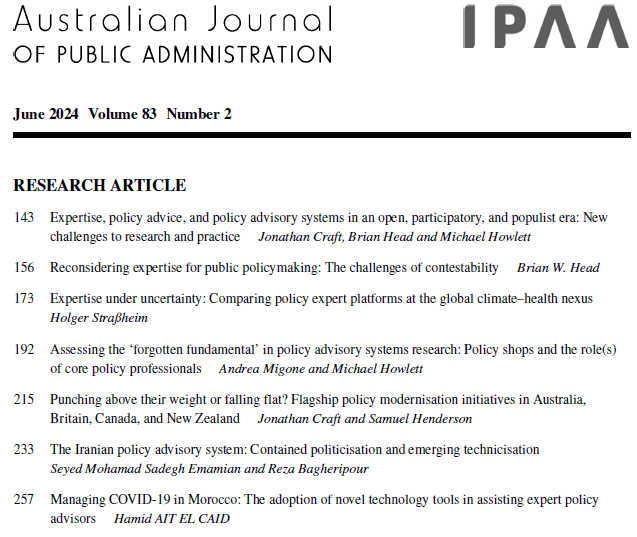 AJPA (@ausjpa) on Twitter photo 📣🆕Vol 83(2) is out❗️
June 2024 is a Special Issue & is co-guest edited by <a href="/Jonathan_Craft/">Jonathan Craft</a>, Brian Head & <a href="/howlettm/">𝚖𝚒𝚌𝚑𝚊𝚎𝚕 𝚑𝚘𝚠𝚕𝚎𝚝𝚝 🉑 好久不见</a>
The contributions examine new challenges to expertise, policy advice & policy advisory systems & the gaps in extant literature👇
onlinelibrary.wiley.com/toc/14678500/2… 📣🆕Vol 83(2) is out❗️
June 2024 is a Special Issue & is co-guest edited by <a href="/Jonathan_Craft/">Jonathan Craft</a>, Brian Head & <a href="/howlettm/">𝚖𝚒𝚌𝚑𝚊𝚎𝚕 𝚑𝚘𝚠𝚕𝚎𝚝𝚝 🉑 好久不见</a>
The contributions examine new challenges to expertise, policy advice & policy advisory systems & the gaps in extant literature👇
onlinelibrary.wiley.com/toc/14678500/2…