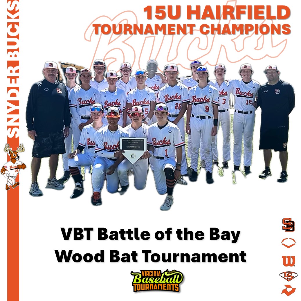 Snyder Baseball (@snyderbaseball) on Twitter photo BUCKS 15U HAIRFIELD won the <a href="/vabaseballtourn/">VABaseballTourneys</a> Battle of the Bay.
Sotosky 9AB, 7H, 1 3B, 3RBI, 9R
Holley 10AB, 6H, 1 2B, 8RBI
Plummer 9AB, 5H, 1HR, 3RBI, 3R
Card 4.2 IP, 2H, 1 ER, 6K
Pulliam 4 IP, 2H, 1 ER, 4K
Chambers 3 IP, 0H, 0R, 3K (No-No in Championship)
Ray 3 IP, 0H, 0R, 5K BUCKS 15U HAIRFIELD won the <a href="/vabaseballtourn/">VABaseballTourneys</a> Battle of the Bay.
Sotosky 9AB, 7H, 1 3B, 3RBI, 9R
Holley 10AB, 6H, 1 2B, 8RBI
Plummer 9AB, 5H, 1HR, 3RBI, 3R
Card 4.2 IP, 2H, 1 ER, 6K
Pulliam 4 IP, 2H, 1 ER, 4K
Chambers 3 IP, 0H, 0R, 3K (No-No in Championship)
Ray 3 IP, 0H, 0R, 5K