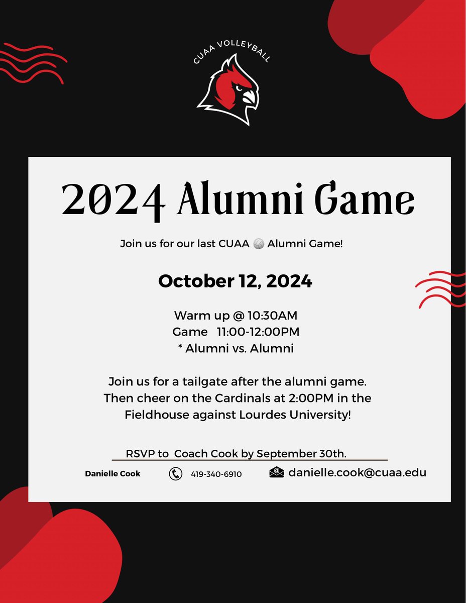 Alumni join us for the Alumni 🏐 Game on Saturday, October 12th. RSVP to Coach Cook! Bittersweet to celebrate the final CUAA 🏐Alumni Game!