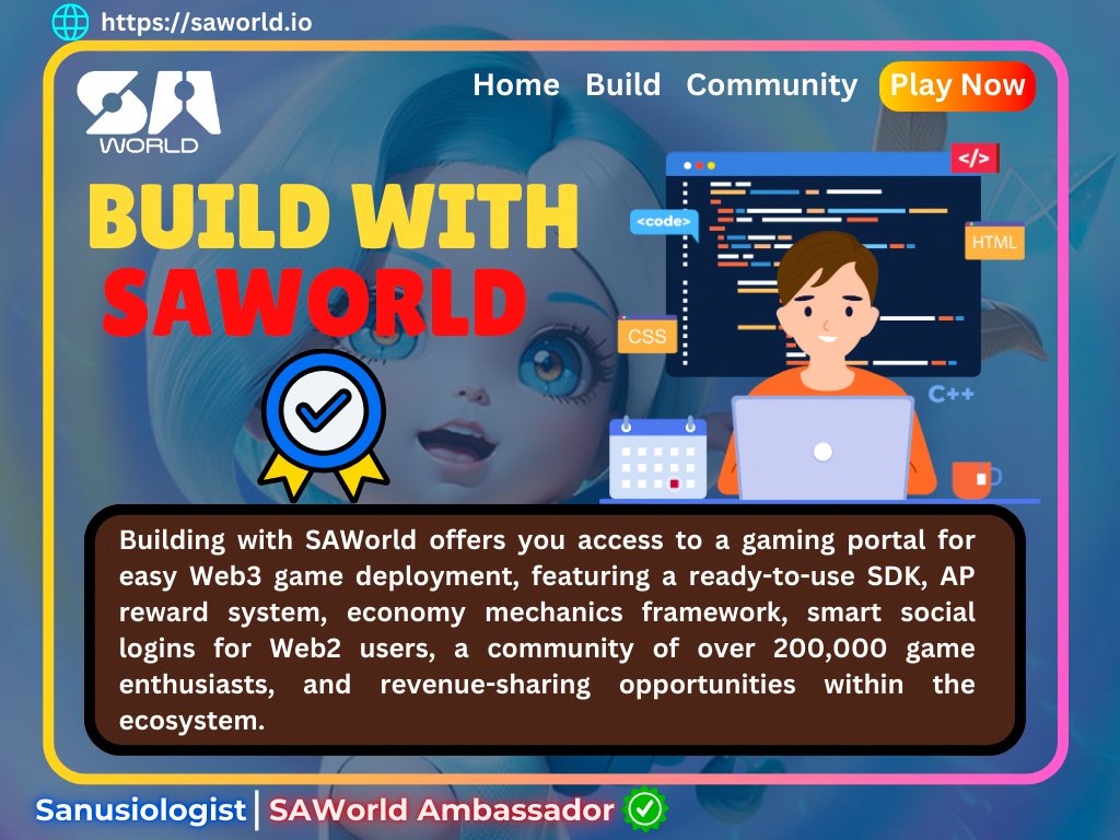 Don_maleek_'s tweet photo. Hello #Blockchain enthusiasts and #GameFi lovers.
Do you know that you can build your game and execute your projects with #SAWorld ? Yes, you can. And you can also make collaborations with @SAWorld_io to achieve something huge. Explore this infographic for details. #SAilor $SAE https://t.co/2j3M6txQUi