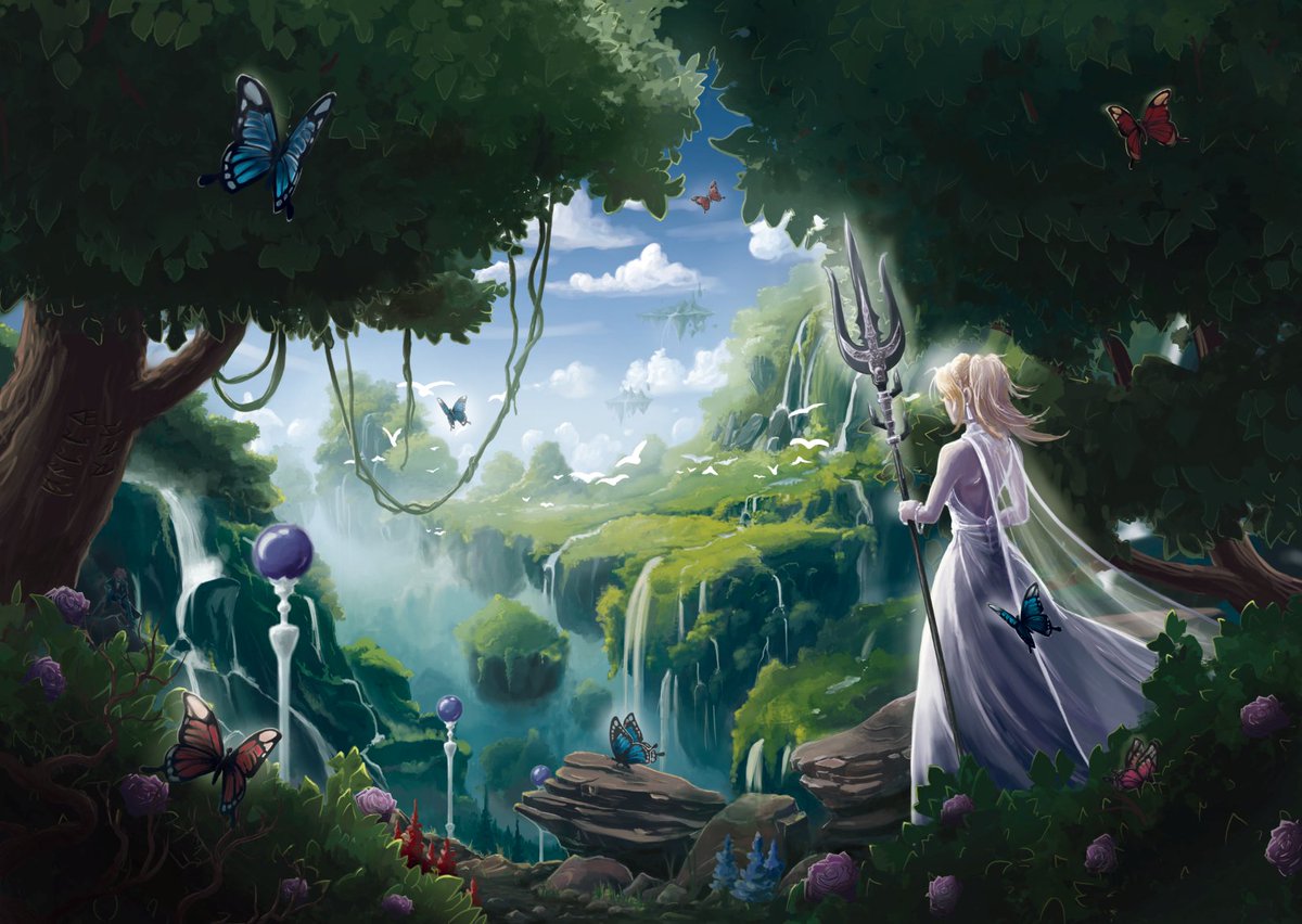 My page art for the <a href="/FFXVWanderlust/">Wanderlust: An FFXV Travel Zine</a> . I got to draw some floating islands in Tennebrae which came with a compulsory Lunafreya. And  a secret Ardyn, because I am me and I cannot help myself.
#FFXV