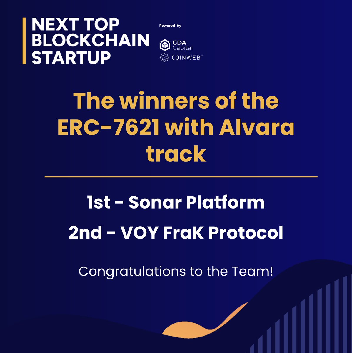 👏 Congrats to the winners of the ERC-7621 with <a href="/AlvaraProtocol/">Alvara</a> track! 🥳✨ 

1st place - Sonar Platform <a href="/SonarPING_/">SONAR</a> 
2nd place - VOY FraK Protocol

Your innovative approaches and dedication truly stood out! 🚀💡