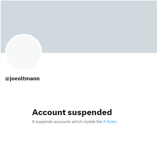 BehizyTweets's tweet photo. Joe Oltmann was suspended on Twitter by the Dorsey regime in 2021; he was banned around the same time President Trump and others were.
Now that we have 𝕏, I'm hoping @elonmusk @lindayaX @cstanley @Nate_Esparza can reinstate his account https://t.co/PRhXAMaqsl