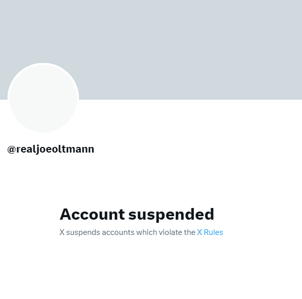 BehizyTweets's tweet photo. Joe Oltmann was suspended on Twitter by the Dorsey regime in 2021; he was banned around the same time President Trump and others were.
Now that we have 𝕏, I'm hoping @elonmusk @lindayaX @cstanley @Nate_Esparza can reinstate his account https://t.co/PRhXAMaqsl