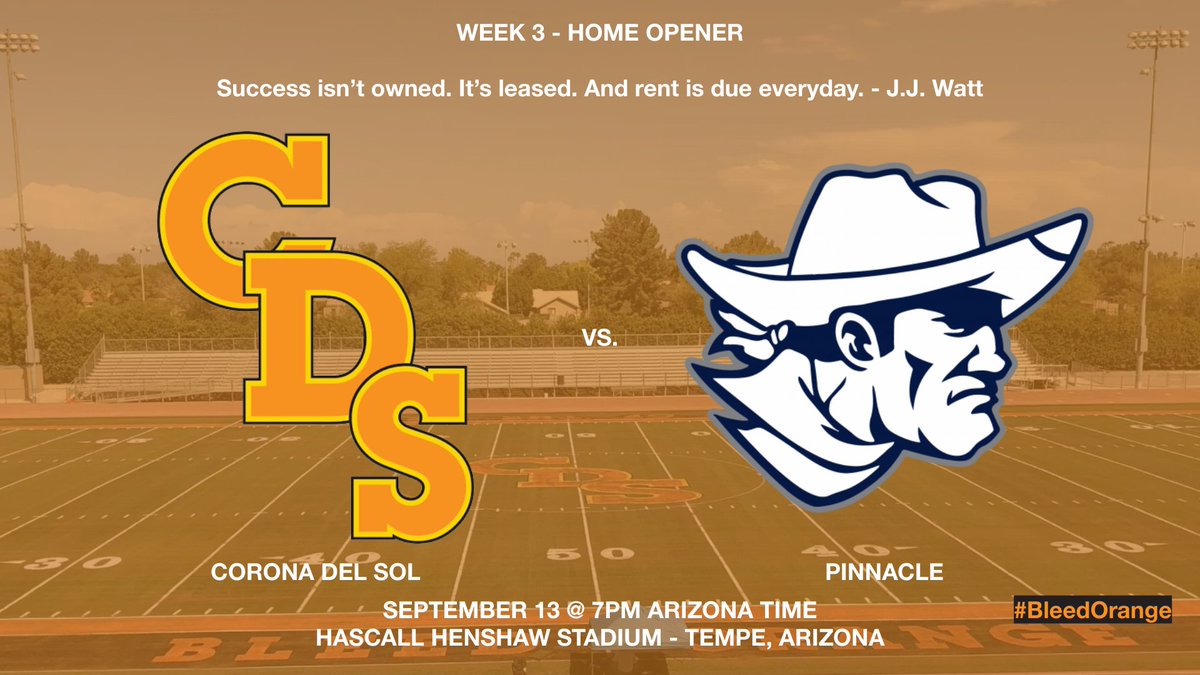 gilbert12thman's tweet photo. Good to be home

Week 3 - Home Opener

@CdS_Football vs. Pinnacle High School (Phoenix)

Success isn't owned. It's leased. And rent is due every day! -J.J. Watt

Friday, September 13th at 7 PM

Go Aztecs, #BeatPinnacle!

👑☀️🧡💛🏈

#BleedOrange | #AztecStrong | #TUHSDStrong https://t.co/gd0QIfz21o