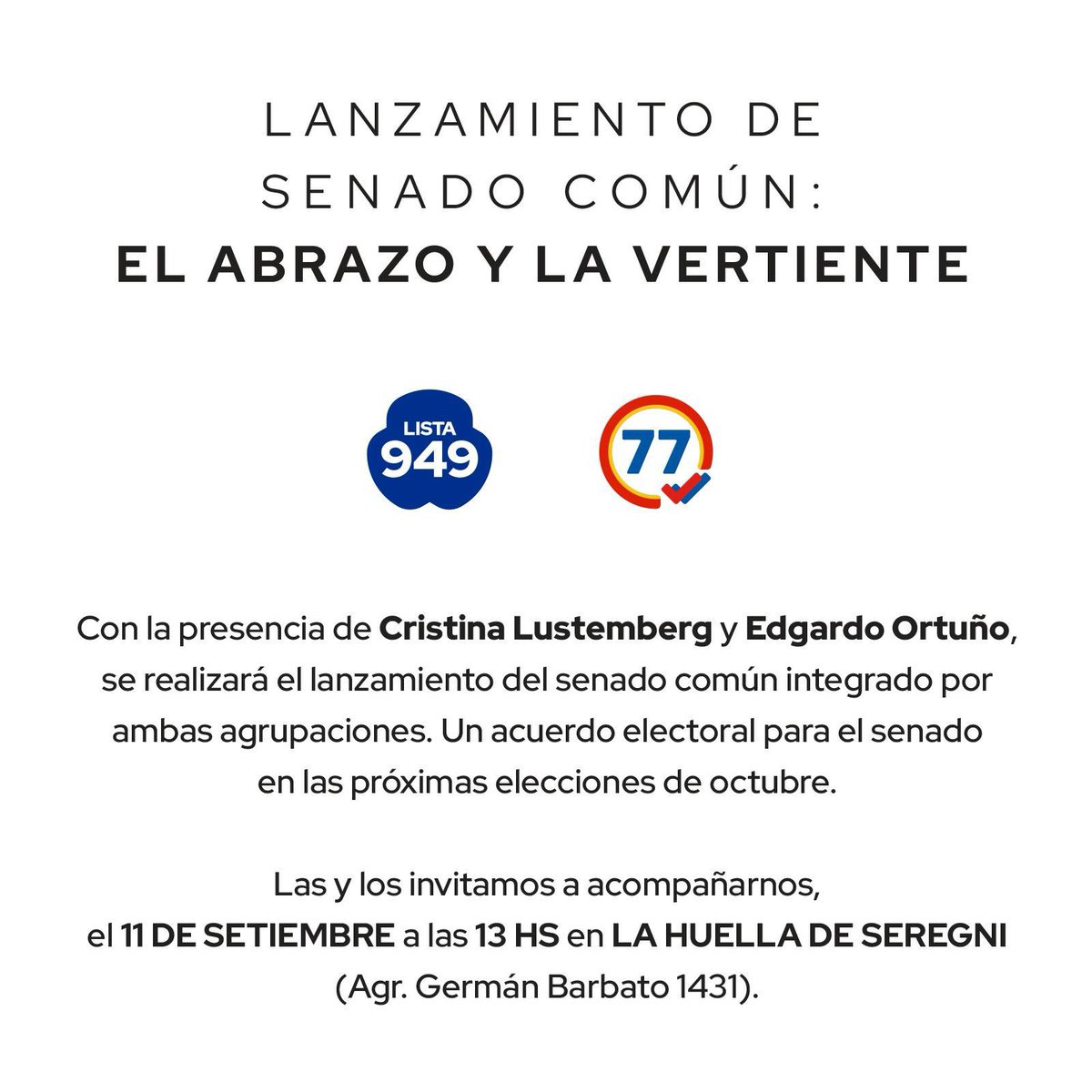 El Abrazo 949 (@elabrazo_uy) on Twitter photo •Lanzamiento de senado común: EL ABRAZO y LA VERTIENTE•
Con la presencia de <a href="/LustembergC/">Cristina Lustemberg</a> y Edgardo Ortuño, se realizará el lanzamiento del senado común integrado por ambas agrupaciones. Un acuerdo electoral para el senado en las próximas elecciones de octubre. 
Las y los •Lanzamiento de senado común: EL ABRAZO y LA VERTIENTE•
Con la presencia de <a href="/LustembergC/">Cristina Lustemberg</a> y Edgardo Ortuño, se realizará el lanzamiento del senado común integrado por ambas agrupaciones. Un acuerdo electoral para el senado en las próximas elecciones de octubre. 
Las y los