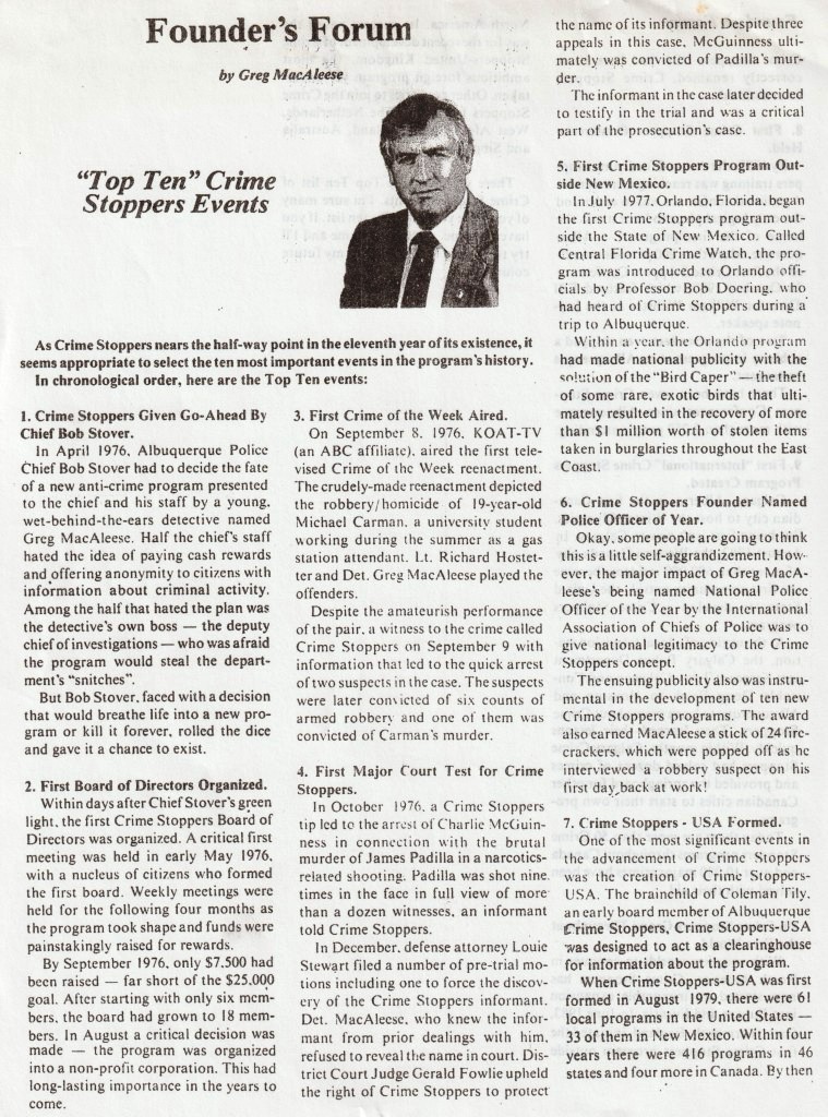 MissingFindMe's tweet photo. Today marks the 48th anniversary of the founding of Crime Stoppers in 1976. Attached is a top ten of the program put together by founder Greg MacAlleese several years ago and details on two books written about Crime Stoppers. https://t.co/UOFDkE6kDn https://t.co/HbOtpdx0V9 https://t.co/p3JbMIIKVc
