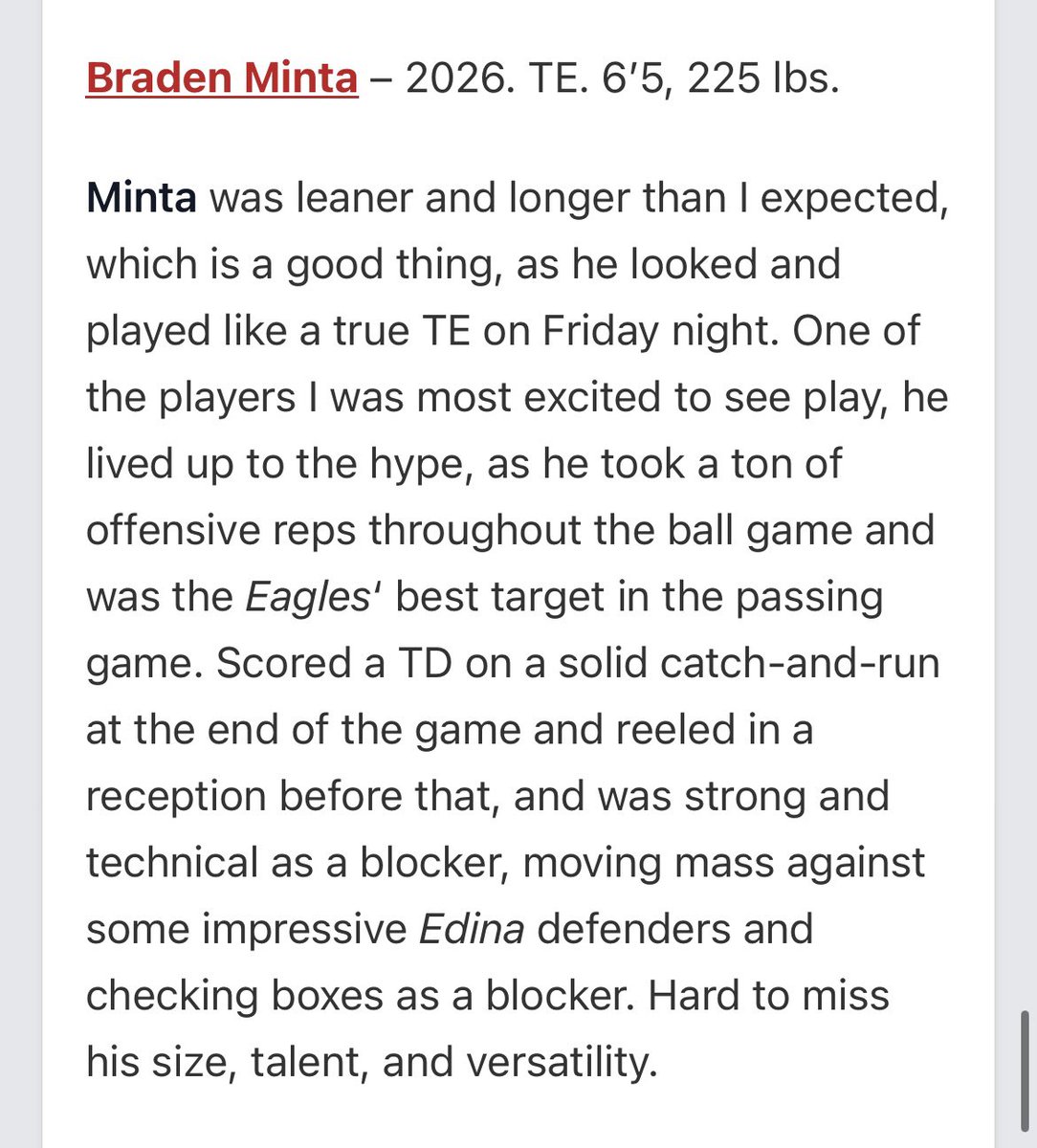 BradenMinta's tweet photo. Thank you @OJW_Scouting For the write up! @PrepRedzoneMN https://t.co/I1T1mfofan