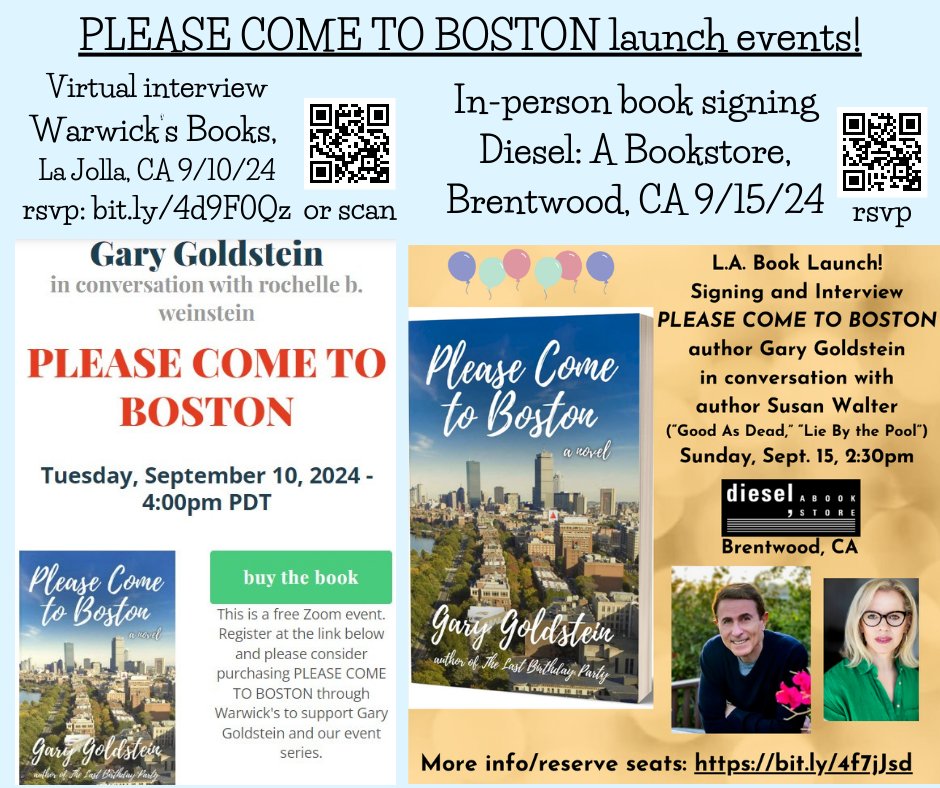 GaryGoldsteinLA's tweet photo. PLEASE COME TO BOSTON is out on Tuesday! Join us for our big launch events!

9/10 4pm (PT)/7pm (ET) Virtual interview hosted by @warwicksbooks. Zoom link: https://t.co/0IZNOLeBRA 

9/15 2:30pm Interview &amp; signing @DIESELBrentwood  RSVP: https://t.co/RYWa7E1uTX. See you then! https://t.co/yTinQZZa0V
