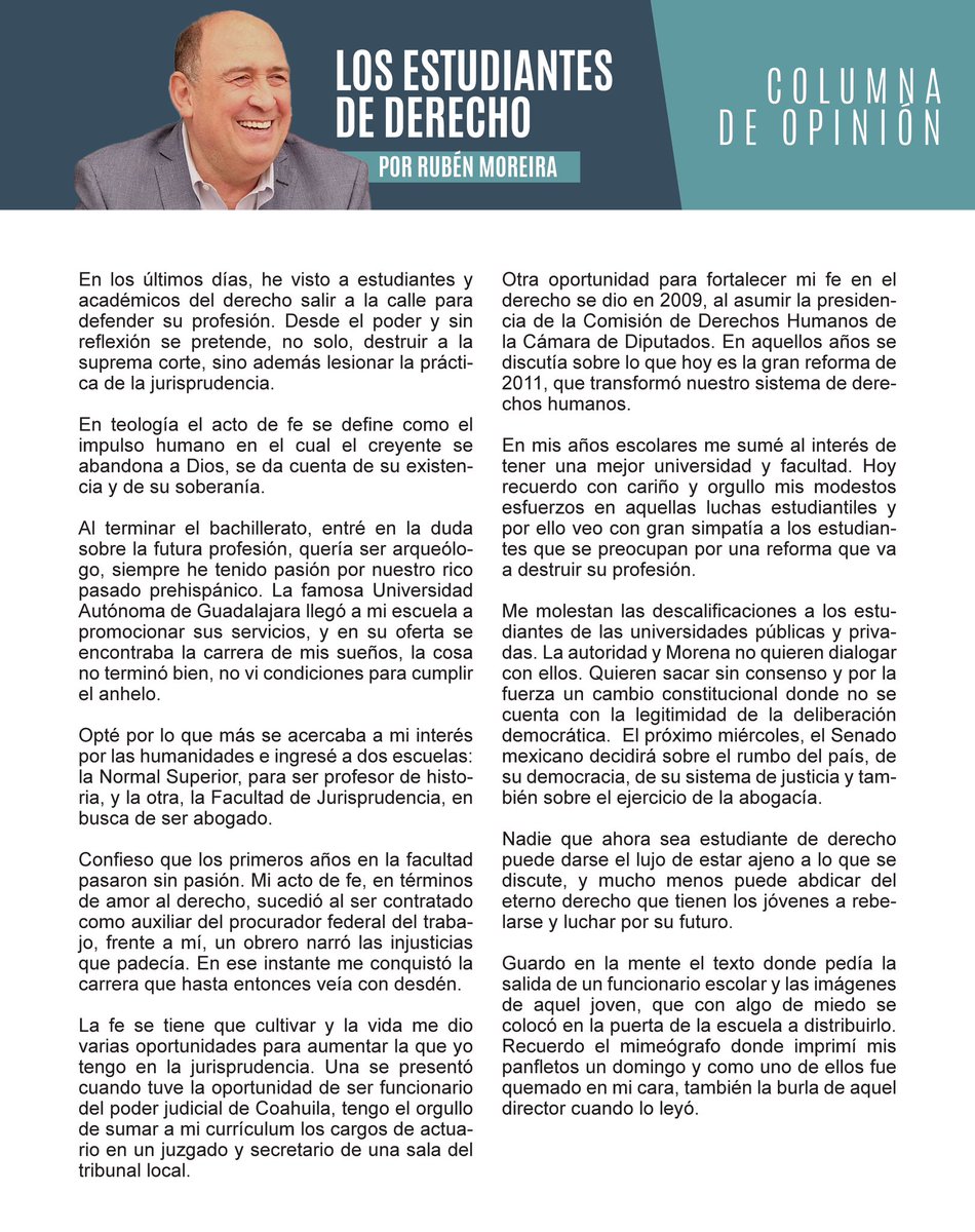 rubenmoreiravdz's tweet photo. “En los últimos días, he visto a estudiantes y académicos del Derecho salir a la calle para defender su profesión. Desde el poder y sin reflexión se pretende, no solo destruir a la suprema corte, sino, además lesionar la práctica de la jurisprudencia.” 

Les dejo mi artículo “Los Estudiantes de Derecho” y espero sus comentarios.

La prensa de Coahuila: 🔗 https://t.co/S3TFP6LGHl

Dossier de prensa: 🔗 https://t.co/aCZ9GNhoSY