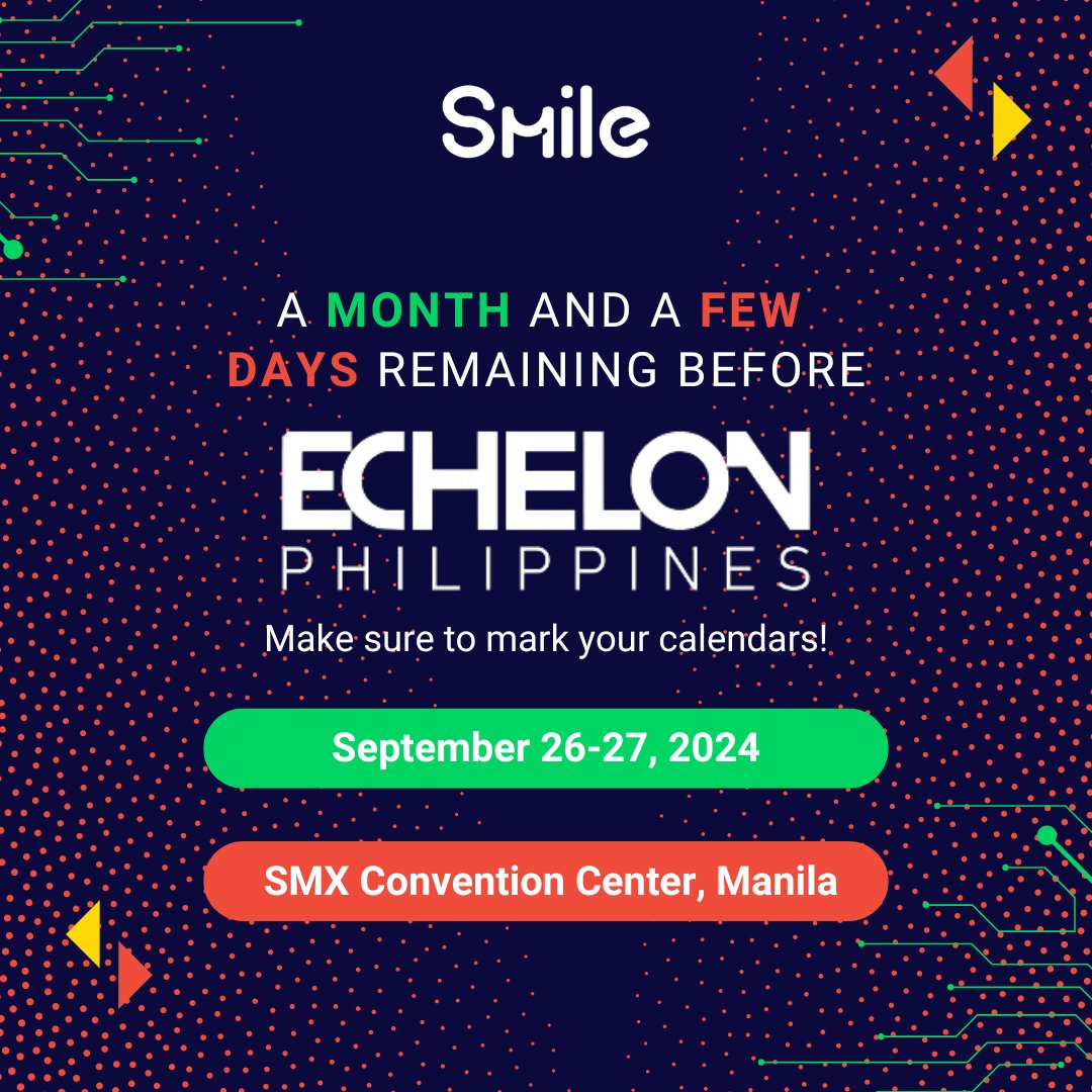 getsmileapi's tweet image. Time goes by, so slowly 🕛
2 weeks remaining until Echelon Philippines 2024, to be held at the Level 2, SMX Convention Center in Manila from September 26-27, 2024! 🎉
Mark your calendars & stay tuned!
#SmileAPI #FinTech #APIprovider #latestFintech #EchelonPH