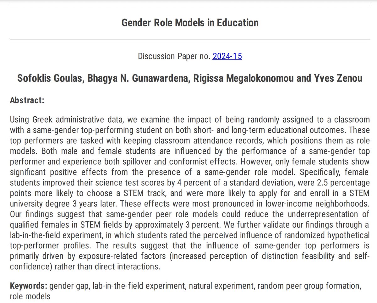 Rigissa Megalokonomou (@rmegal) on Twitter photo I’m very happy to introduce our new WP with <a href="/yveszenou1/">Yves Zenou</a>, <a href="/BhagyaGunaward5/">Bhagya Gunawardena</a> and <a href="/sofoklis_goulas/">Sofoklis Goulas, Ph.D.</a>! We study the impact of being randomly assigned to a classroom with a same-gender top-performing student on short- & long-term educational outcomes. #EconTwitter <a href="/MonashBusiness/">Monash Business School</a> I’m very happy to introduce our new WP with <a href="/yveszenou1/">Yves Zenou</a>, <a href="/BhagyaGunaward5/">Bhagya Gunawardena</a> and <a href="/sofoklis_goulas/">Sofoklis Goulas, Ph.D.</a>! We study the impact of being randomly assigned to a classroom with a same-gender top-performing student on short- & long-term educational outcomes. #EconTwitter <a href="/MonashBusiness/">Monash Business School</a>