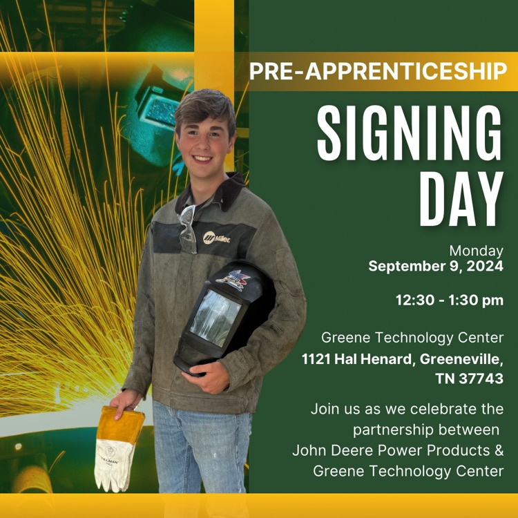 GreeneTechCtr's tweet photo. Join us as we celebrate our first pre-apprenticeship signing on Monday, September 9th at the Greene Technology Center. We are so excited for this new adventure with our partner, John Deere Power Products. 
#preapprentice #welding #johndeere
@greenevillecityschools https://t.co/58bnPXjasr