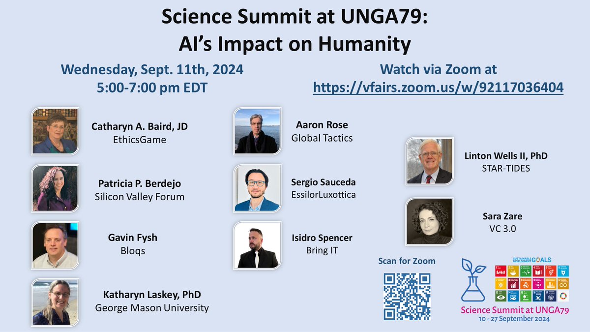 Global__Tactics's tweet image. #GlobalTactics' @aarondrose and @Patrizia0311 will speak on the "#AI's Impact on Humanity" panel on Sept. 11, 2024. Watch via Zoom at vfairs.zoom.us/w/92117036404.

@ScienceUnga #UNGA79