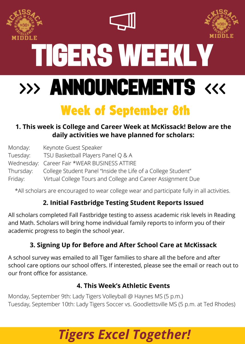 McKissackMiddle's tweet photo. Hey Tigers! Looking forward to another great week of learning at McKissack! Take a look at this week's Tigers Weekly! https://t.co/IcA2GiCQ5v