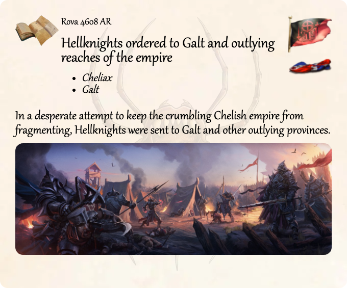 GolarionToday's tweet photo. Rova 4608 AR: Hellknights ordered to Galt and outlying reaches of the empire
#Cheliax #Galt #Hellknight #4608AR
https://t.co/6BKv8du1gi
In a desperate attempt to keep the crumbling Chelish empire from fragmenting, Hellknights were sent to Galt and other outlying provinces. https://t.co/yDbqxCIvdK