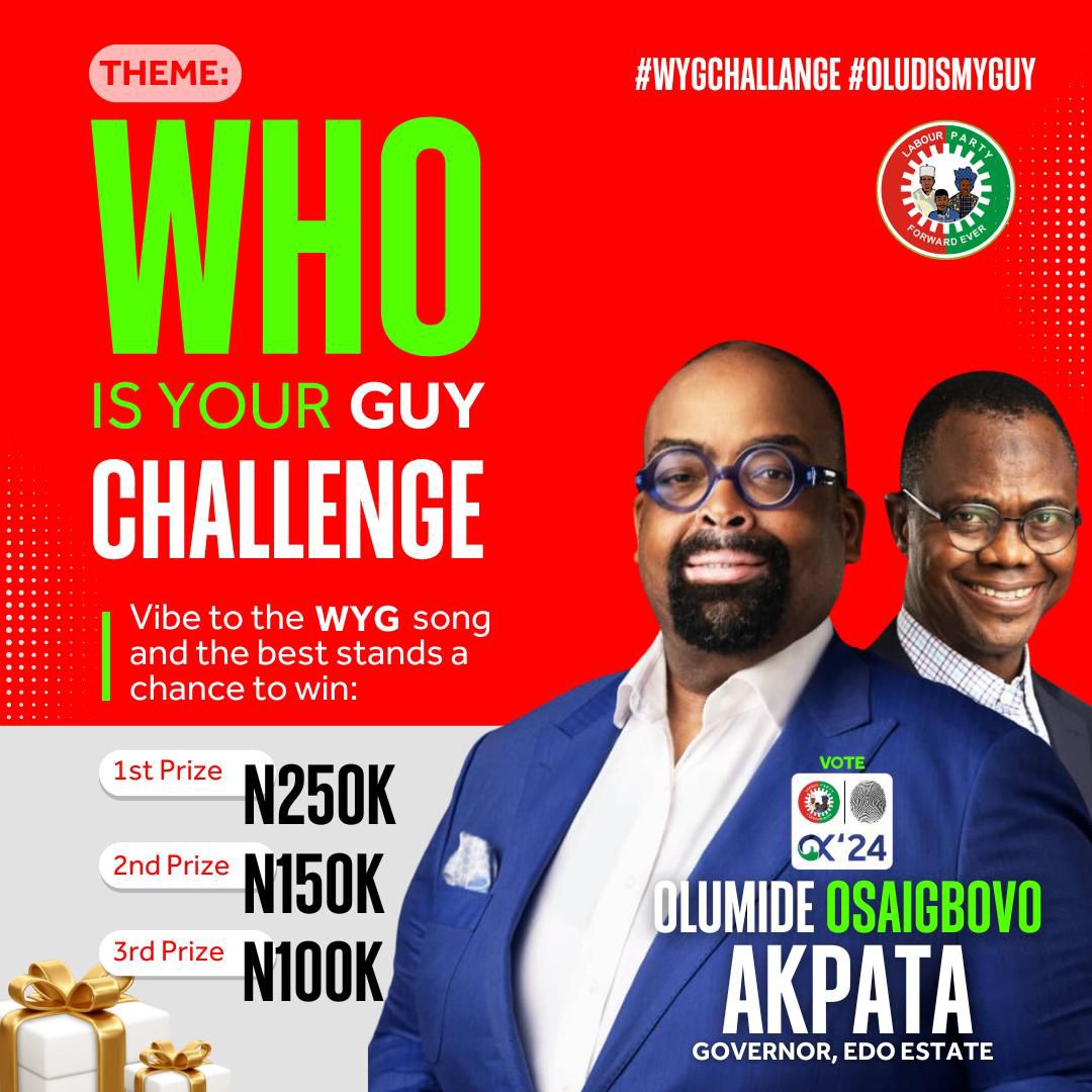 Ocheauty's tweet photo. Who is your guy challenge.
Vibe to the WYG song for a chance to win cash prizes.
Olu-D is our guy.
#EdoWillBeOK
#EdoPeopleMustToMatter
#EdoPeopleBeforePolitics
#EDonDo
#VoteOlumideKadiri
#VoteAkpataKadiri
#VoteLabourParty https://t.co/VZbhoSF2T4