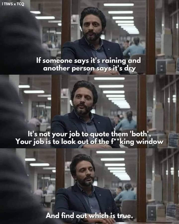 I see this meme a lot when talking about journalism, and it really annoys me. Because it's a very flawed analogy. Allow me to explain: 🧵