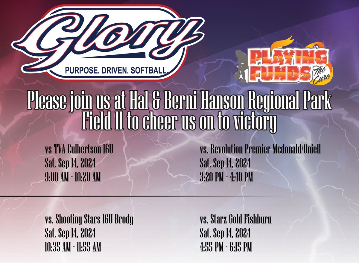 Please join us at Hal &amp; Berni Hanson Regional Park
Field 11 Sep 14, to cheer us on to victory at the Playing Funds the Cure Tournament.