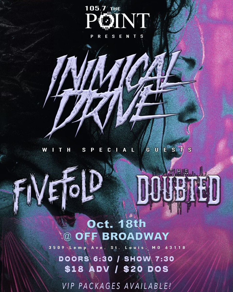 Help us close out one of our favorite years as band on October 18th with <a href="/inimicaldrive/">Inimical Drive</a> + <a href="/thedoubtedmusic/">The Doubted</a> at <a href="/offbroadwaystl/">Off Broadway</a>, presented by <a href="/1057thePoint/">105.7 The Point</a>. We have some special things planned, so don’t miss out! 🖤

Tickets &amp; info: offbroadwaystl.com/event/13808063…