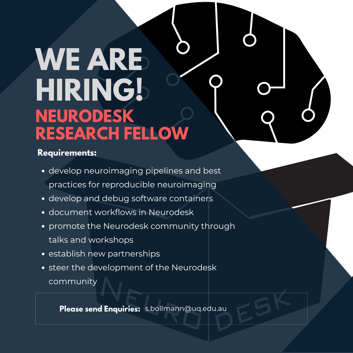 We are looking for a neurodesk.org Postdoctoral Research Fellow. If you are interested in reproducible Neuroimaging and software containers, please reach out and share :) 

More information: wd3.myworkday.com/uq/d/inst/15$3…