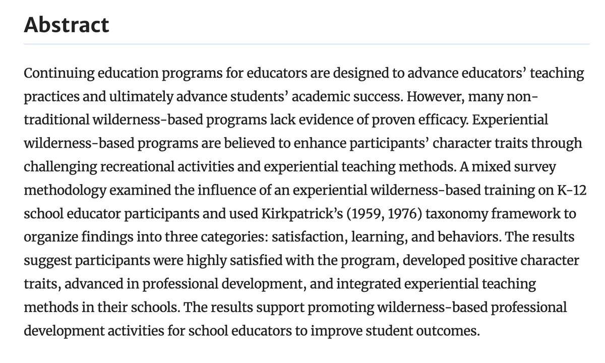 The influence of experiential wilderness-based professional-development on educator character &amp; practices by W Hunter Holland et al. 
➡️High satisfaction
➡️Character development
➡️Professional growth
⬆️Use of experiential methods in schools 
link.springer.com/article/10.100…
<a href="/ClemsonUniv/">Clemson University</a>