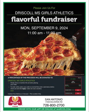 Driscoll Athletics (@driscoll_ath) on Twitter photo Hey Defenders! Please come out to Marcos on Bulverde tomorrow to support our girls athletics program! Make sure you mention Driscoll when you order so we can raise some money! #GoDefenders <a href="/driscollneisd/">Driscoll Middle School - North East ISD</a> Hey Defenders! Please come out to Marcos on Bulverde tomorrow to support our girls athletics program! Make sure you mention Driscoll when you order so we can raise some money! #GoDefenders <a href="/driscollneisd/">Driscoll Middle School - North East ISD</a>