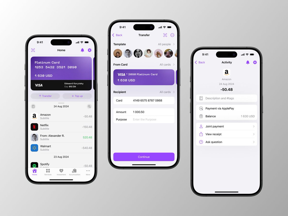 frorexstudio's tweet photo. Fresh mobile banking app design just dropped! 💳✨

You're among the first to get a sneak peek at this new fintech creation, and it’s still hot off the press! 😎😆

#ui #ux #mobileapp #ios #fintech #banking #transaction https://t.co/vHJ2ueeEZF