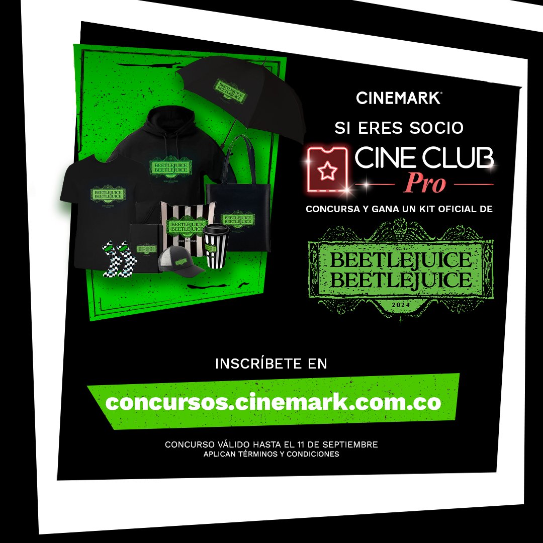 CinemarkCol's tweet photo. ¡Si eres #SocioPro 😎 tenemos para ti un increíble regalo de #BeetlejuiceBeetlejuice! 🎁⁣⁣⁣⁣⁣
⁣⁣⁣
Regístrate en https://t.co/79qRgSX6mp, sección - CONCURSOS 🎉 y participa para ganar un kit EXCLUSIVO de esta película 👻.⁣⁣⁣⁣
⁣⁣⁣⁣⁣⁣
Aplican TYC. 👀 https://t.co/YI1xerXP0p