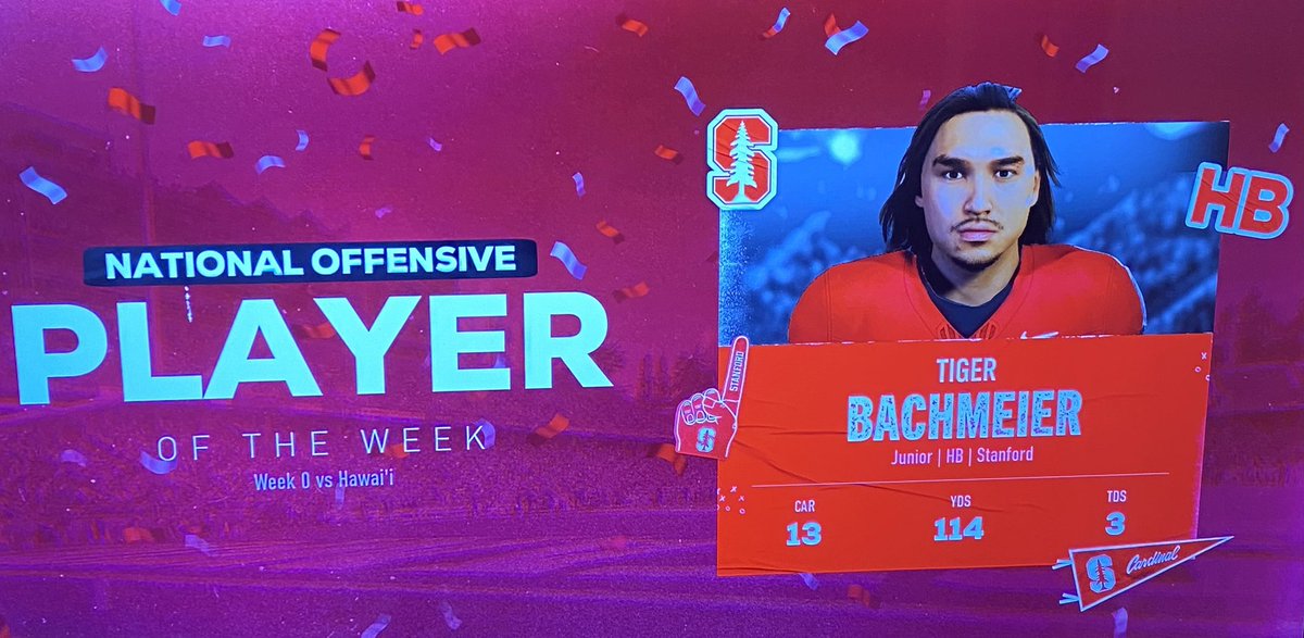 stanfordNCGA's tweet photo. Tiger Bachmeier leading Stanford to an impressive 49-28 victory over Hawaii in the first game of the season! Bachmeier was named national offensive player of the week! #FearTheTree https://t.co/TaME46XGJq