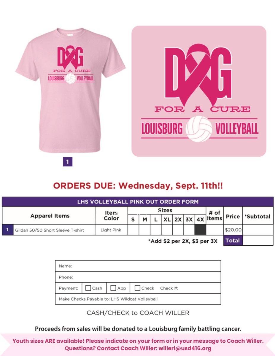LHS Volleyball is selling DIG PINK shirts for our upcoming Cancer Awareness game!
See post for details - Contact Coach Willer with any questions @ willerl@usd416.org