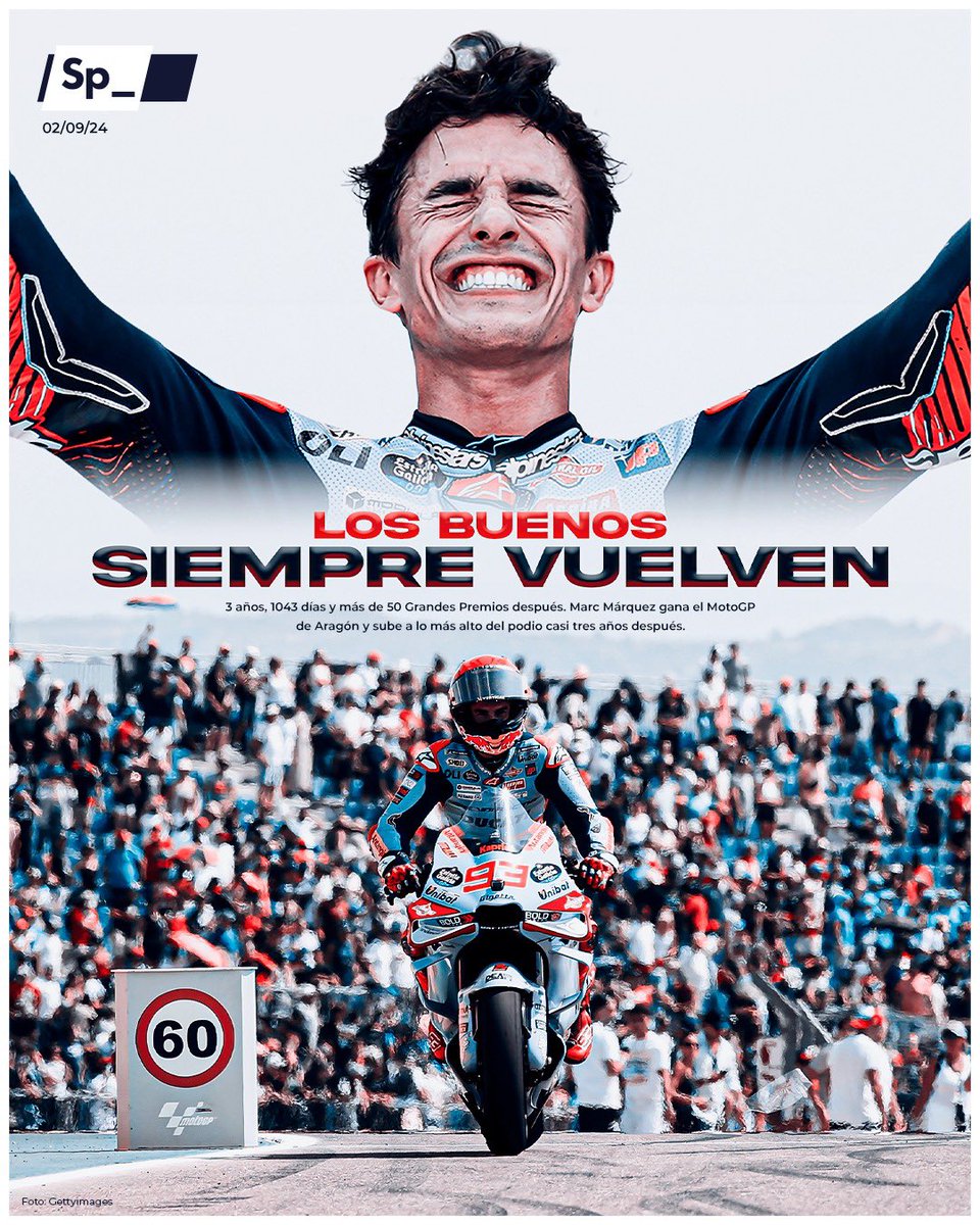 3 años, 1043 días y más de 50 Grandes Premios después. Marc Márquez gana el MotoGP de Aragón y sube a lo más alto del podio casi tres años después. 

𝐋𝐨𝐬 𝐛𝐮𝐞𝐧𝐨𝐬 𝐬𝐢𝐞𝐦𝐩𝐫𝐞 𝐯𝐮𝐞𝐥𝐯𝐞𝐧.
Enhorabuena, <a href="/marcmarquez93/">Marc Márquez</a>