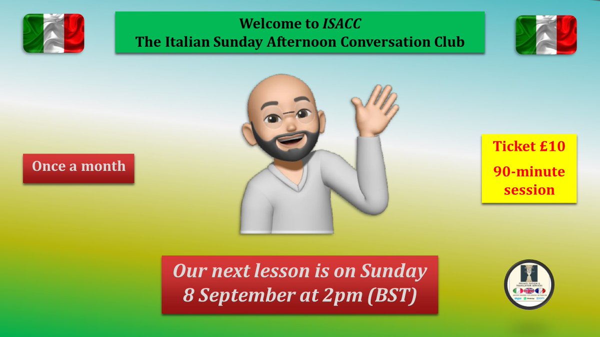LinguistMarco's tweet image. Hello Community,
Would you like to join us for the 🇮🇹 group gathering?
It will be a 90-minute, conversation-based session filled with anecdotes, nuances, and fun.
If you’re interested, please get in touch. Thank you! #learnitalian #italianlearning