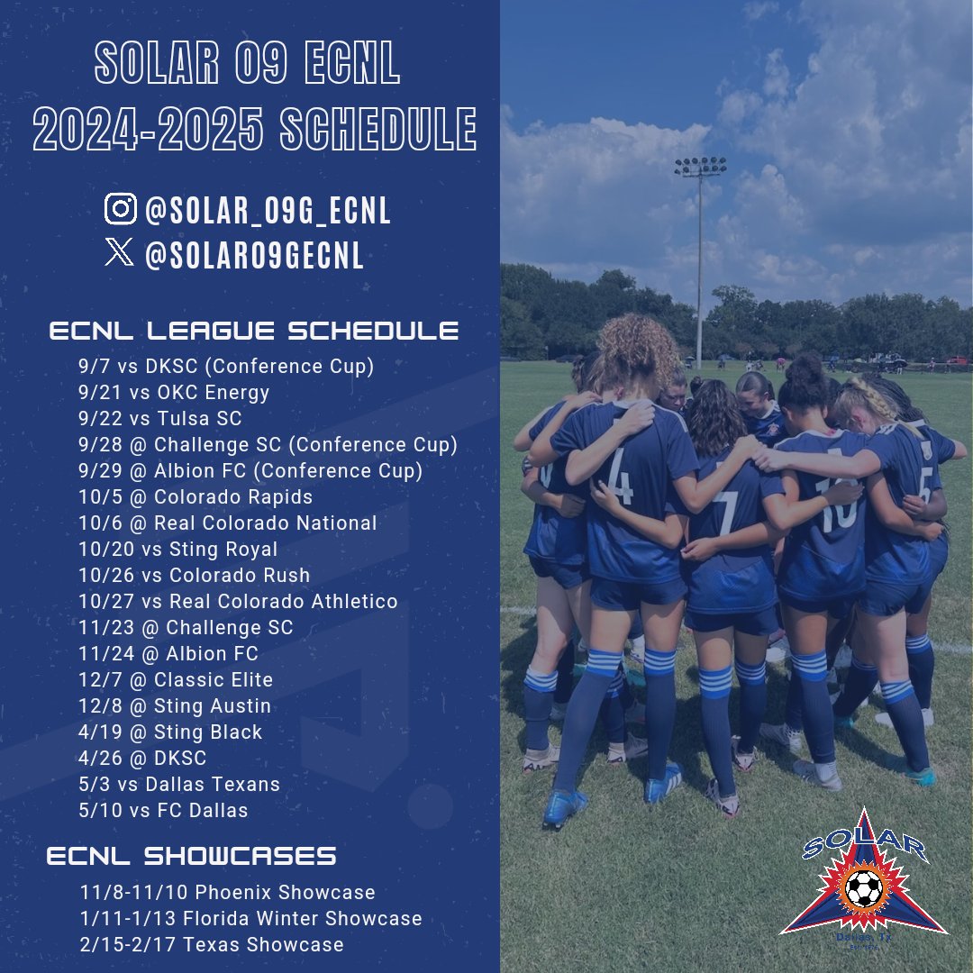 🗓 2024-2025 Schedule 🗓

We're looking forward to another season filled with great competition. Let's Go!!!

<a href="/SolarSoccerClub/">Solar Soccer Club</a> 
<a href="/EcnlTexas/">ECNL Girls Texas Conference</a> <a href="/ECNLgirls/">ECNL Girls</a>
<a href="/soccerwire/">soccerwire</a>
<a href="/TopDrawerSoccer/">TopDrawerSoccer</a> 
<a href="/PrepSoccer/">Prep Soccer ⚽️</a> 
<a href="/PrepSoccerTX/">Prep Soccer Texas</a>
<a href="/ImCollegeSoccer/">College Soccer Truth ™</a> 
<a href="/ImYouthSoccer/">ECNL/GA/Recruiting/College Soccer</a>