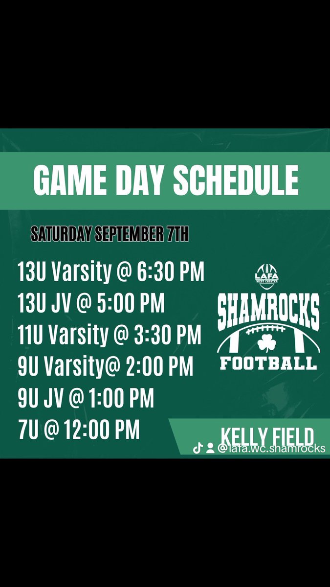 LafaWest's tweet photo. Next Saturday is our FIRST Shamrocks Tackle Football Game for our Divisions 7U-13U!

We'd LOVE for you to come out and support our teams. 💚 Wear your Shamrocks gear and fill our stands with green &amp; black!

#twoclapsandashamrock https://t.co/gAl0Z60eVQ