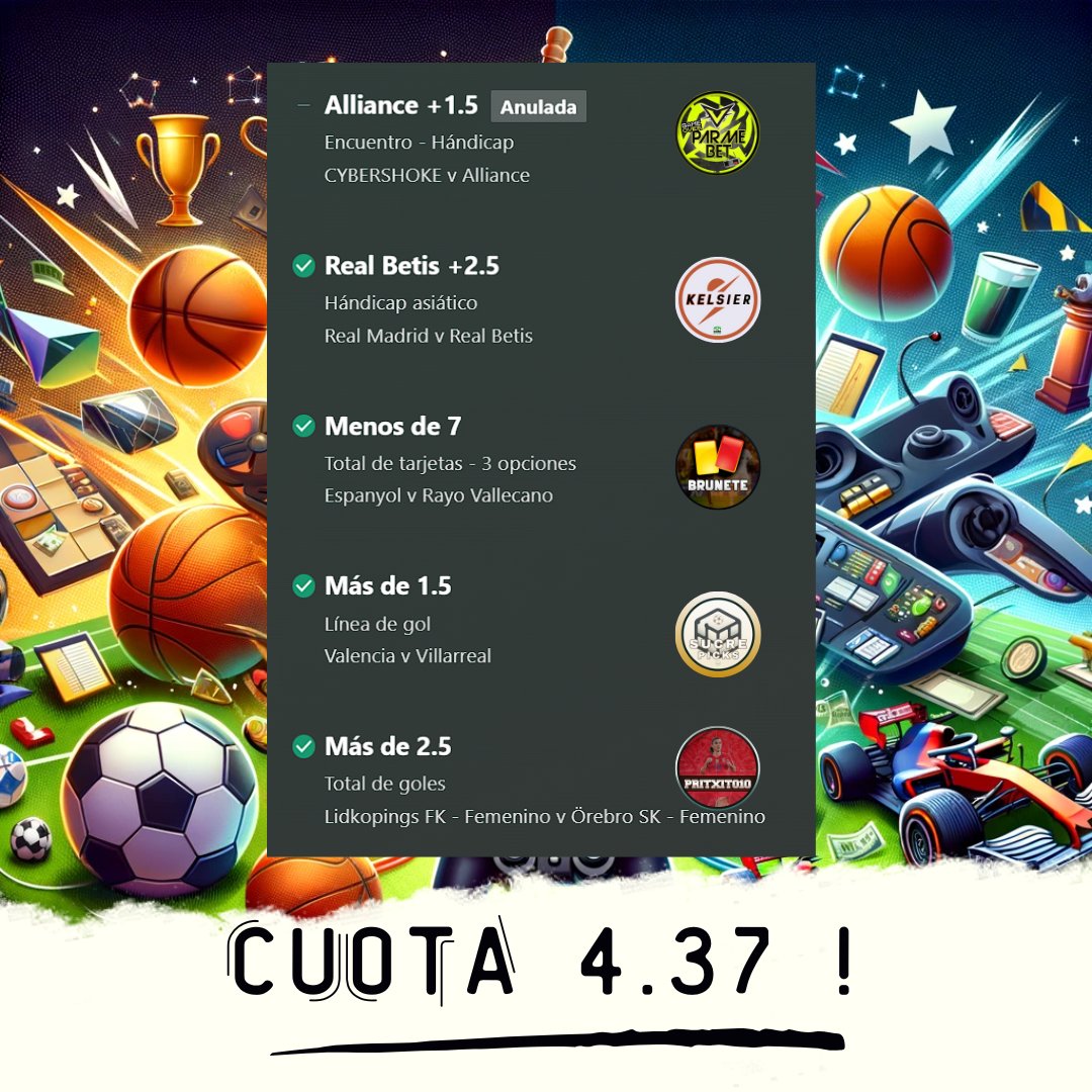 AlgoQueApostar's tweet photo. 🧩 ACERTAMOS LA SUPERCOMBI !

🔥 Nuestros tipsters aciertan sus correspondientes selecciones, con la excepción del partido de esports pospuesto

💰 Nos llevamos una cuota 4.37 gracias a los tipsters de ALGO QUE APOSTAR https://t.co/VYy2KP0rur