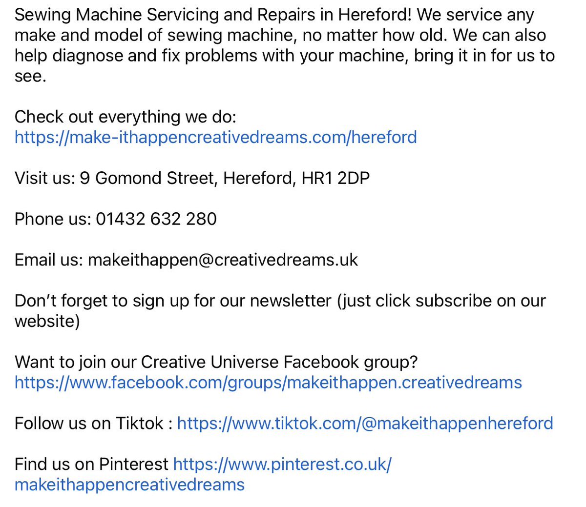 MakeitHappenCD's tweet photo. Sewing Machine Servicing &amp; Repairs in Hereford! We service any make &amp; model of sewing machine, no matter how old. We can also help diagnose &amp; fix problems with your machine, bring it in for us to see.

#sewingmachinerepair
#sewingmachineservice https://t.co/n1Zc8iiXI7