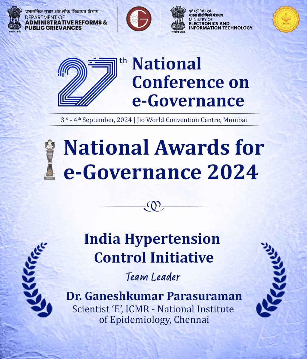 DARPG_GoI's tweet photo. The India Hypertension Control Initiative by ICMR Simple app has been implemented in over 20,000 government hospitals and health centers across 150 districts in 26 states, managing over 34 lakh hypertension and 14 lakh diabetes patients. The app has increased blood pressure control rates from 32% to 46% in 24 months.
#PublicHealth #Innovation #NAeG #NCEG2024 #DigitalGovernace