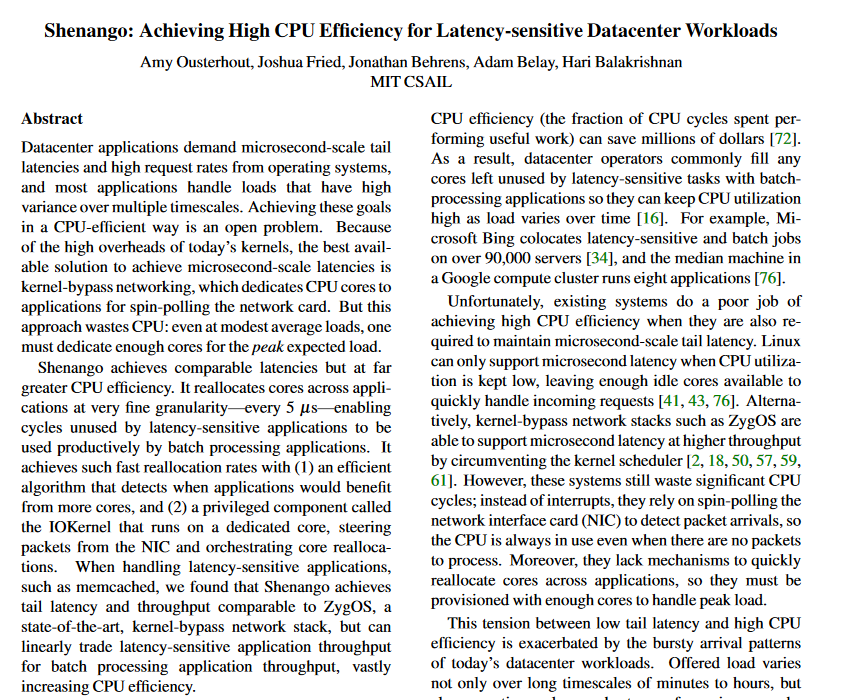 Peter Kraft (@petereliaskraft) on Twitter photo Want to learn how to serve requests in microseconds? 🚀
I really like this paper because it identifies a narrow but critical problem in ultra-low-latency systems, proposes a solution, then exhuastively benchmarks it.
The key observation of this paper is that efficiently serving Want to learn how to serve requests in microseconds? 🚀
I really like this paper because it identifies a narrow but critical problem in ultra-low-latency systems, proposes a solution, then exhuastively benchmarks it.
The key observation of this paper is that efficiently serving