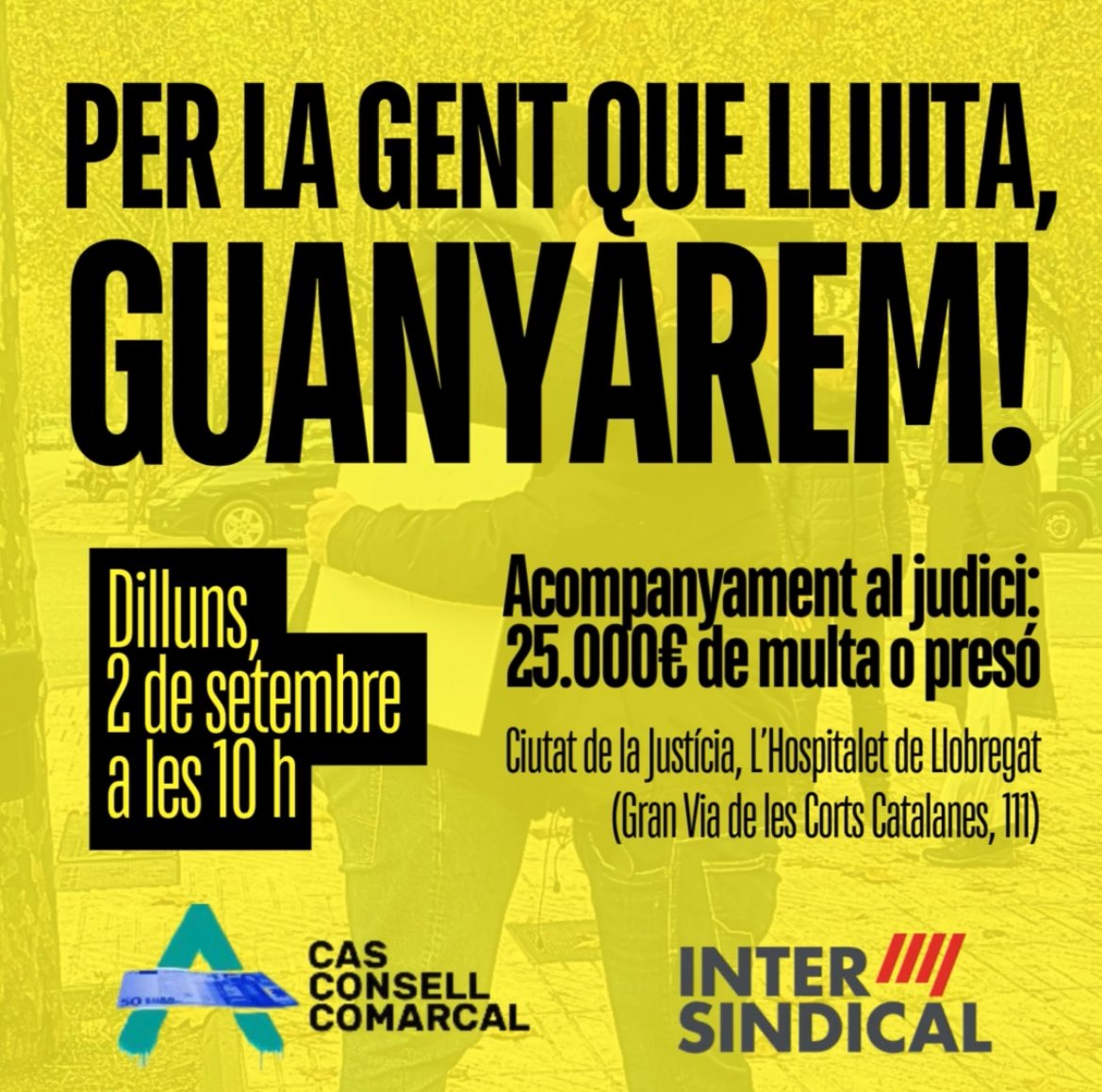 🔴 CONCENTRACIÓ | Demà, dilluns 2 de setembre, a les 10:00 serem a la Ciutat de la Justícia fent costat als dos sindicalistes de <a href="/LaIntersindical/">LA INTERSINDICAL</a> perseguits pel <a href="/CasCCAnoia/">Cas Consell Comarcal de l'Anoia</a>.

✊ Amb vosaltres, defensem el sindicalisme combatiu, nacional i de classe!