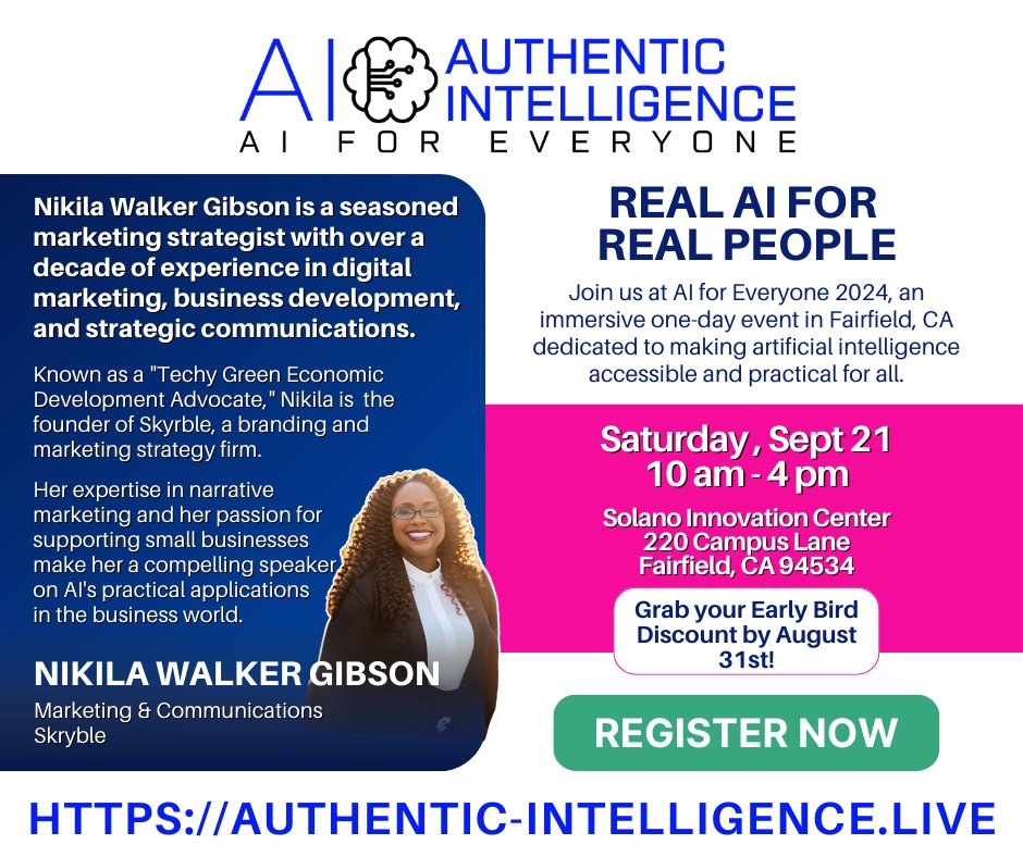 AI for Everyone 2024 is here! 

Join @Nikilatheentrepreneur on Sept 21 to explore AI tools for small businesses. Learn how AI can enhance marketing &amp; streamline operations. Register: authentic-intelligence.live for the Early Bird Discount.

#AIforEveryone2024 #AuthenticIntelligence