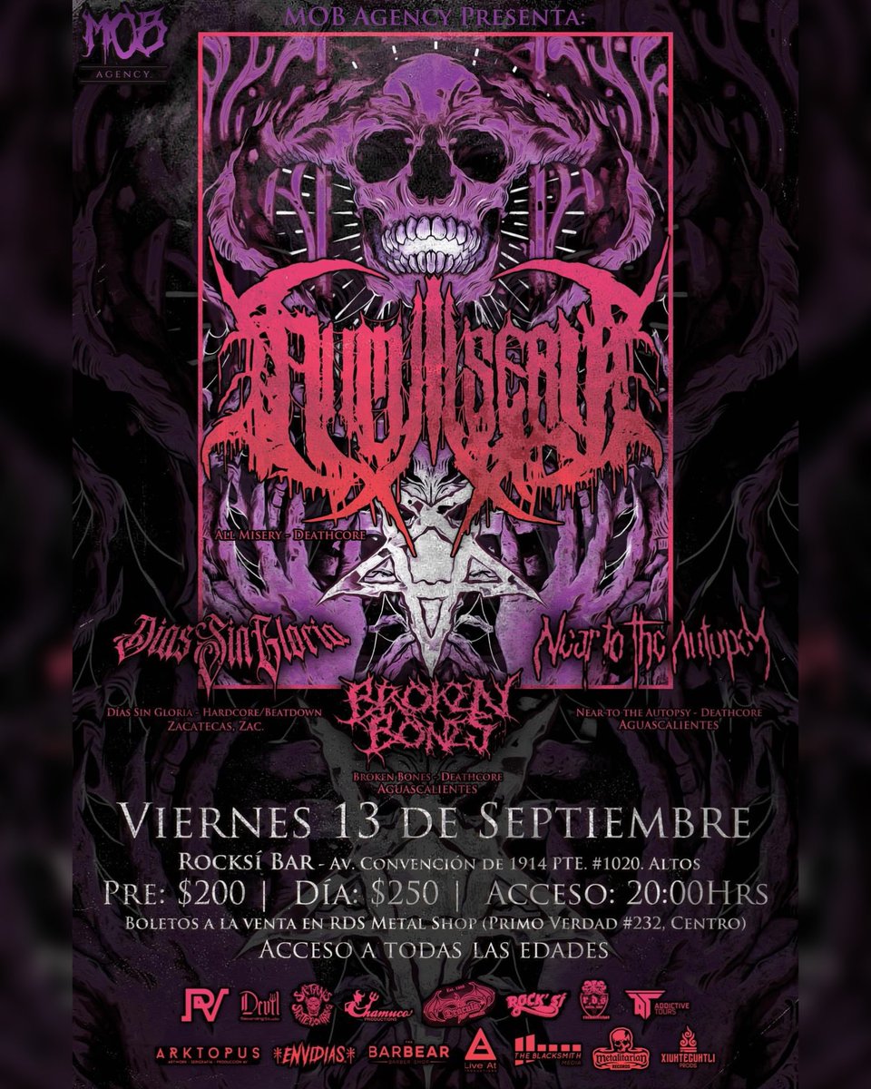 🪓 All Misery en Aguascalientes🪓
El próximo viernes 13 de septiembre estaremos en el Rocksi Bar. ⚒
Acompañados por: Near To The Autopsy, Días Sin Gloria HC y Broken Bones. Ags 💣
Preventa: $200.00
Día: $250.00
BOLETOS YA A LA VENTA EN RDS Metal shop - Distro ☠
🦍 MOB. Agency
