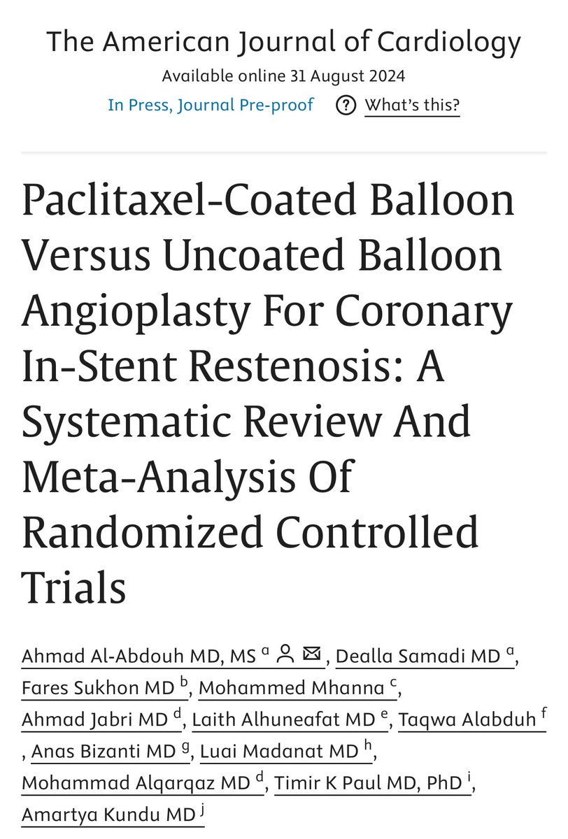 Ahmad Al-Abdouh, MD, MS (@al_abdouh) on Twitter photo Check out our study #AJC:
PCB vs. uncoated balloons ⬇️ TLR and MACE. Thanks to all mentors and collaborators.
<a href="/AmartyaKundu_MD/">Amartya Kundu</a> <a href="/timir_paul/">Timir Paul, MD, PhD, FACC, FSCAI, FAHA</a> <a href="/DeallaSamadi/">Dealla Samadi</a> <a href="/AhmadJabri8/">Ahmad Jabri MD , FACC, FSCAI</a> <a href="/LuaiMadanat/">Luai Madanat, MD</a> <a href="/MohammedMhanna5/">Mohammed Mhanna, MD, MPH, MSc</a> <a href="/LAlhuneafat/">Laith Alhuneafat</a> <a href="/FarisSukhon/">Fares Sukhon</a> <a href="/GillKentucky/">UK_GillHeart</a> <a href="/UKHospitalists/">UK Hospitalists</a>
sciencedirect.com/science/articl… Check out our study #AJC:
PCB vs. uncoated balloons ⬇️ TLR and MACE. Thanks to all mentors and collaborators.
<a href="/AmartyaKundu_MD/">Amartya Kundu</a> <a href="/timir_paul/">Timir Paul, MD, PhD, FACC, FSCAI, FAHA</a> <a href="/DeallaSamadi/">Dealla Samadi</a> <a href="/AhmadJabri8/">Ahmad Jabri MD , FACC, FSCAI</a> <a href="/LuaiMadanat/">Luai Madanat, MD</a> <a href="/MohammedMhanna5/">Mohammed Mhanna, MD, MPH, MSc</a> <a href="/LAlhuneafat/">Laith Alhuneafat</a> <a href="/FarisSukhon/">Fares Sukhon</a> <a href="/GillKentucky/">UK_GillHeart</a> <a href="/UKHospitalists/">UK Hospitalists</a>
sciencedirect.com/science/articl…