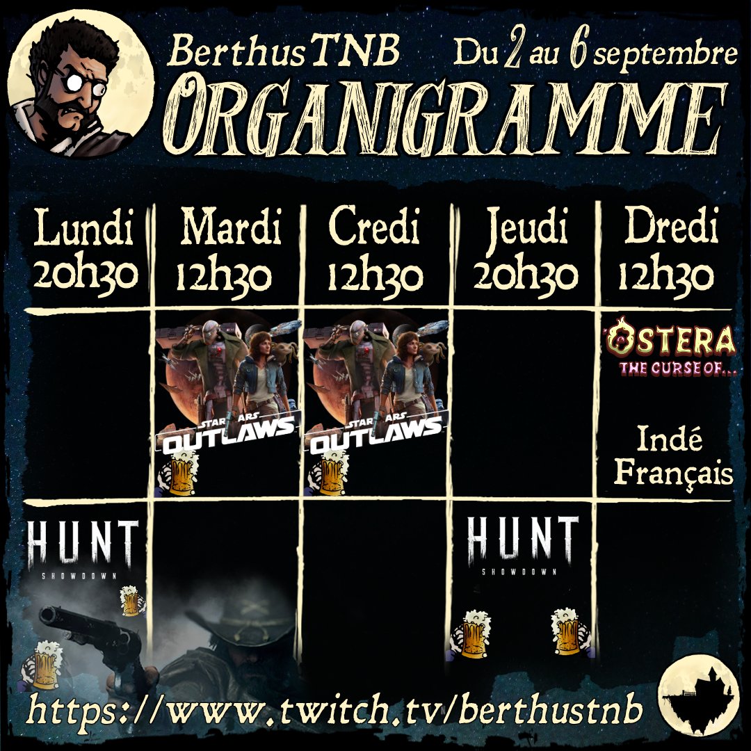 Berthus_Teddy's tweet photo. Sempiternel planning !

Y a du changement avec l'arrivée de #StarWars #Outlaws et le test de #Ostera à 12h30.

A demain soir sur #huntshowdown à 20h30 !

C'est juste là : https://t.co/H0fhnjfHHg

#berthus #twitchfr #twitchfrance #twitch #jeuxvideo  #twitchaffilate #twitchstreamer https://t.co/KUO0vfaimX